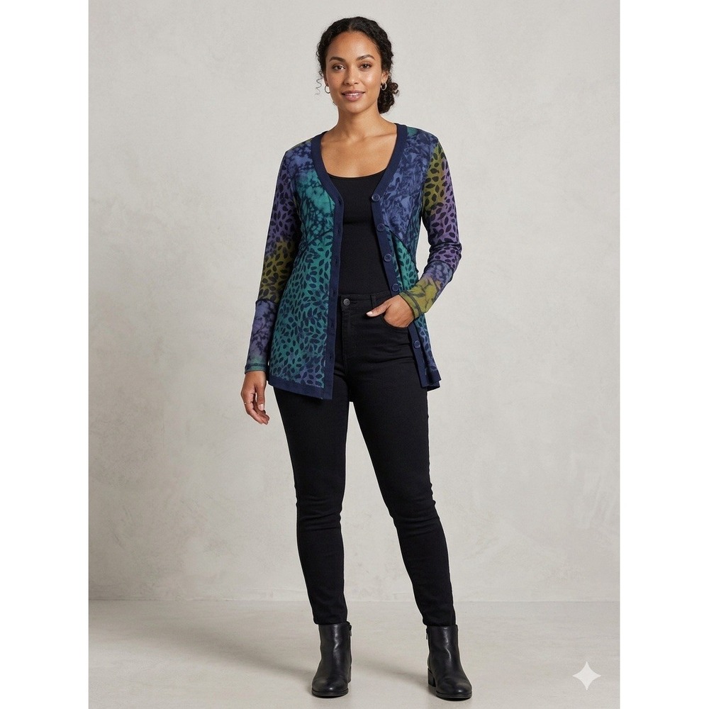 Winter Sun Art to Wear Open Cardigan Medium Funky Print Leaves Medium